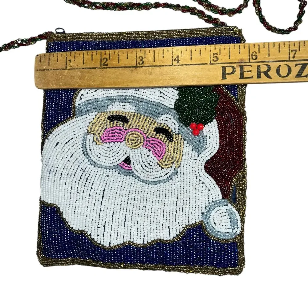 Beaded Christmas Jolly Santa Claus crossbody purse bag multi colored